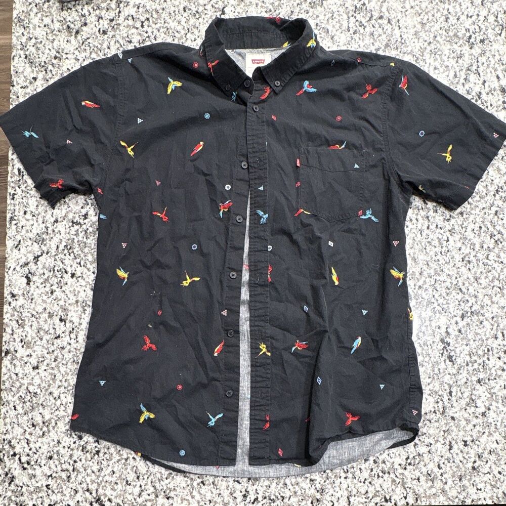 Levi's Parrot Bird Print Short Sleeve Button Down Shirt Black Cotton XXL Red Tab